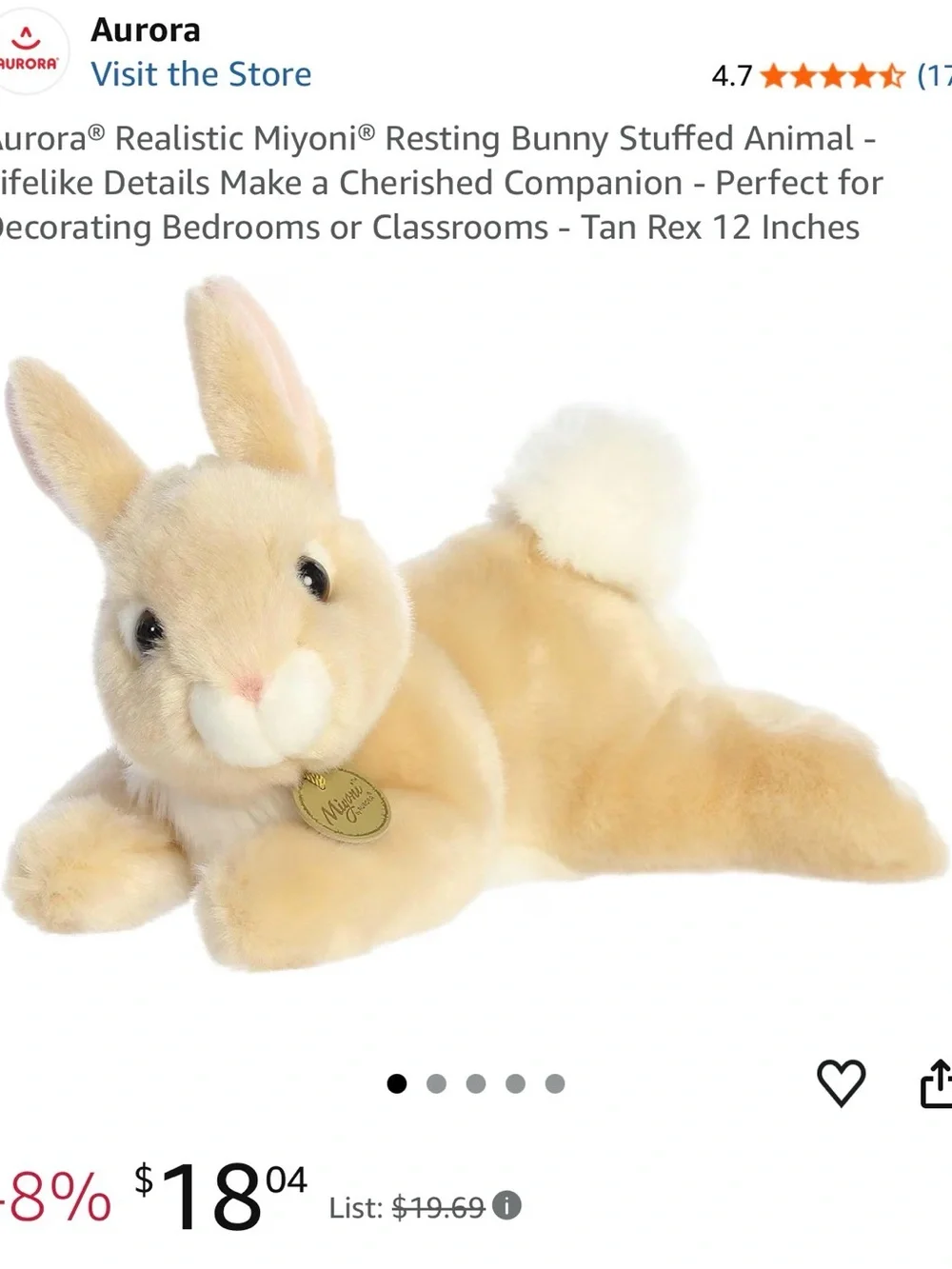Miyani by Aurora Beige Plush Bunny with soft cotton tail.